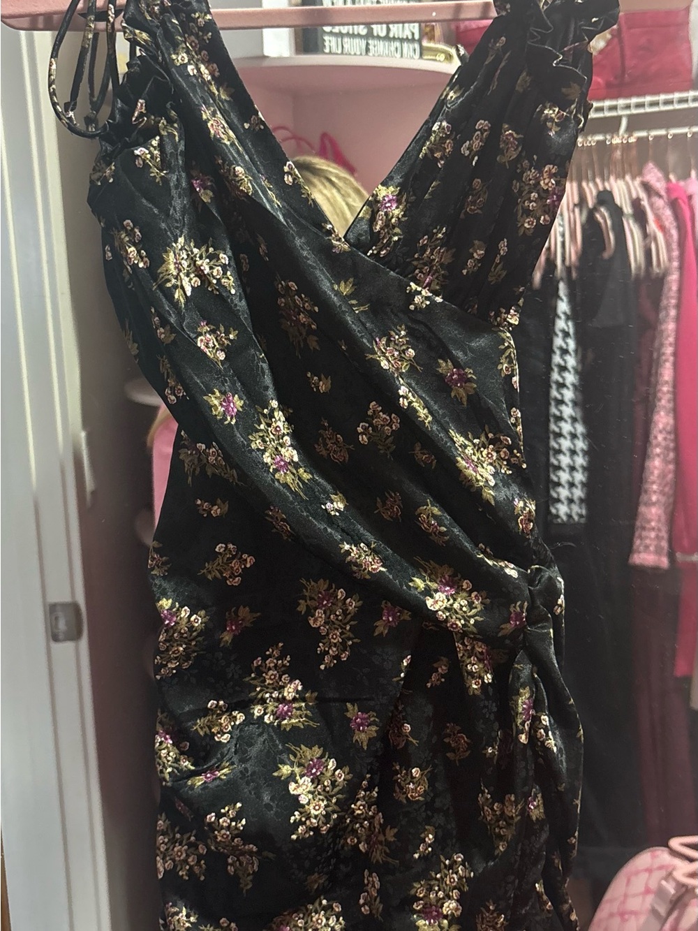Skylar + Madison Black One-Shoulder Floral Wrap Dress with Gold and Pink Accents